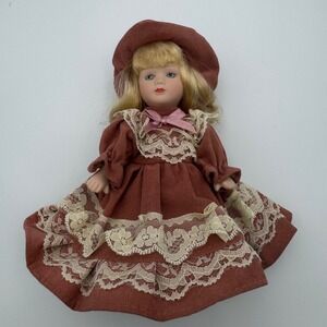 Vintage Porcelain Doll Victorian Style Red Dress Lace‎ Hat Collectible Decor